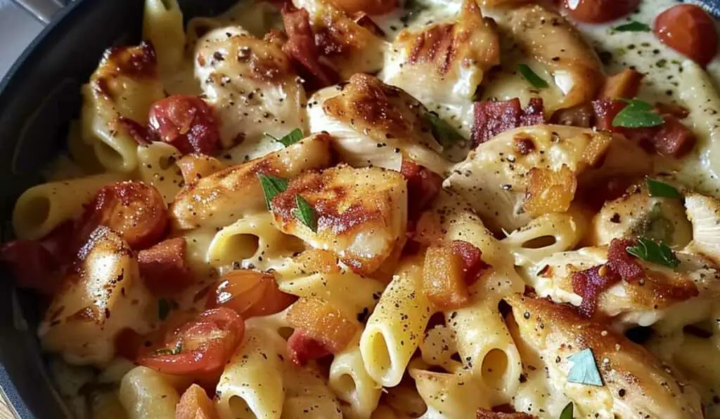 Pâtes au poulet, mozzarella et tomates